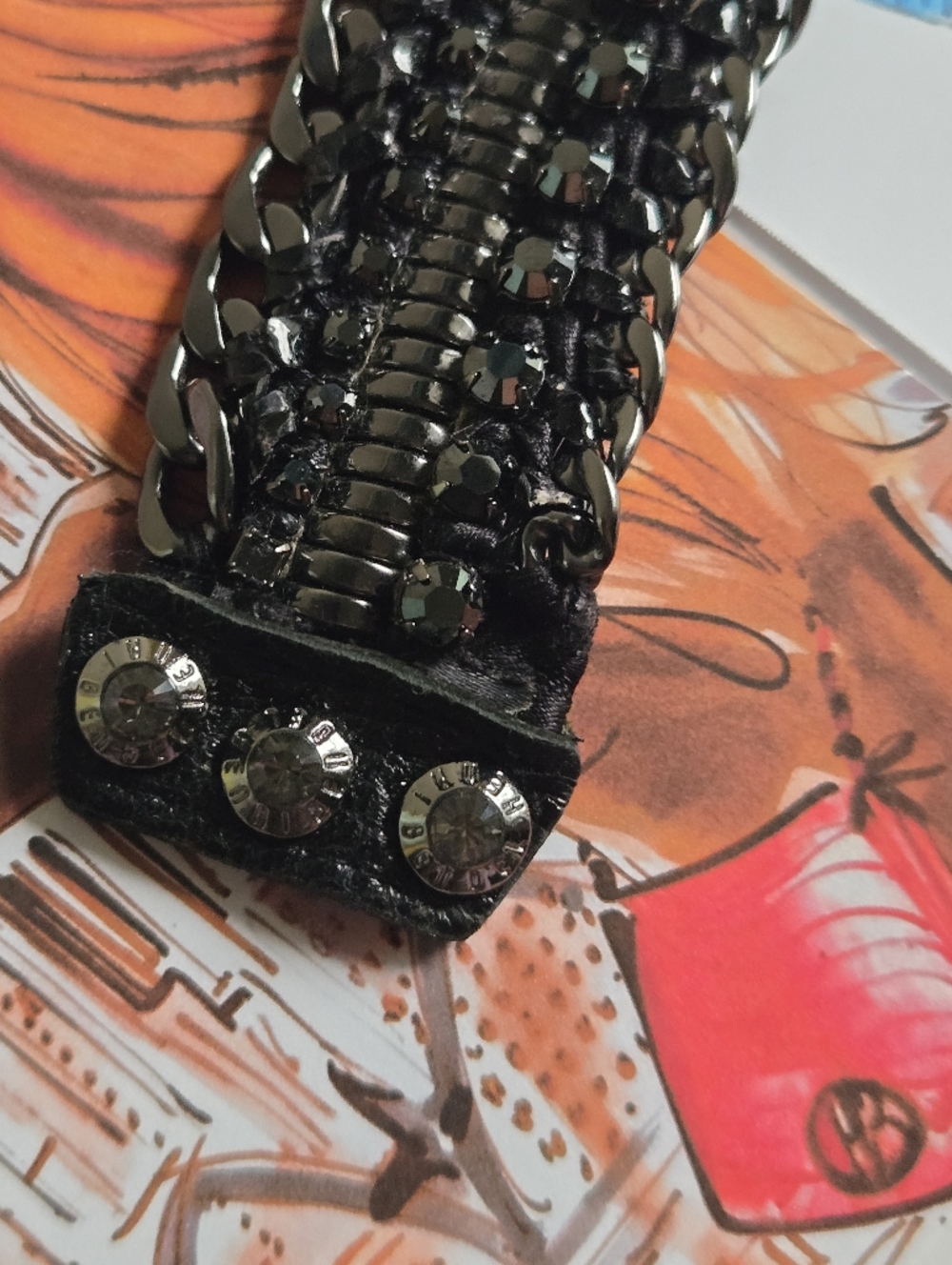 Vintage Henri Bendel Black Chain-Link & Crystals Wrap Leather Bracelet GUC - Picture 2 of 13